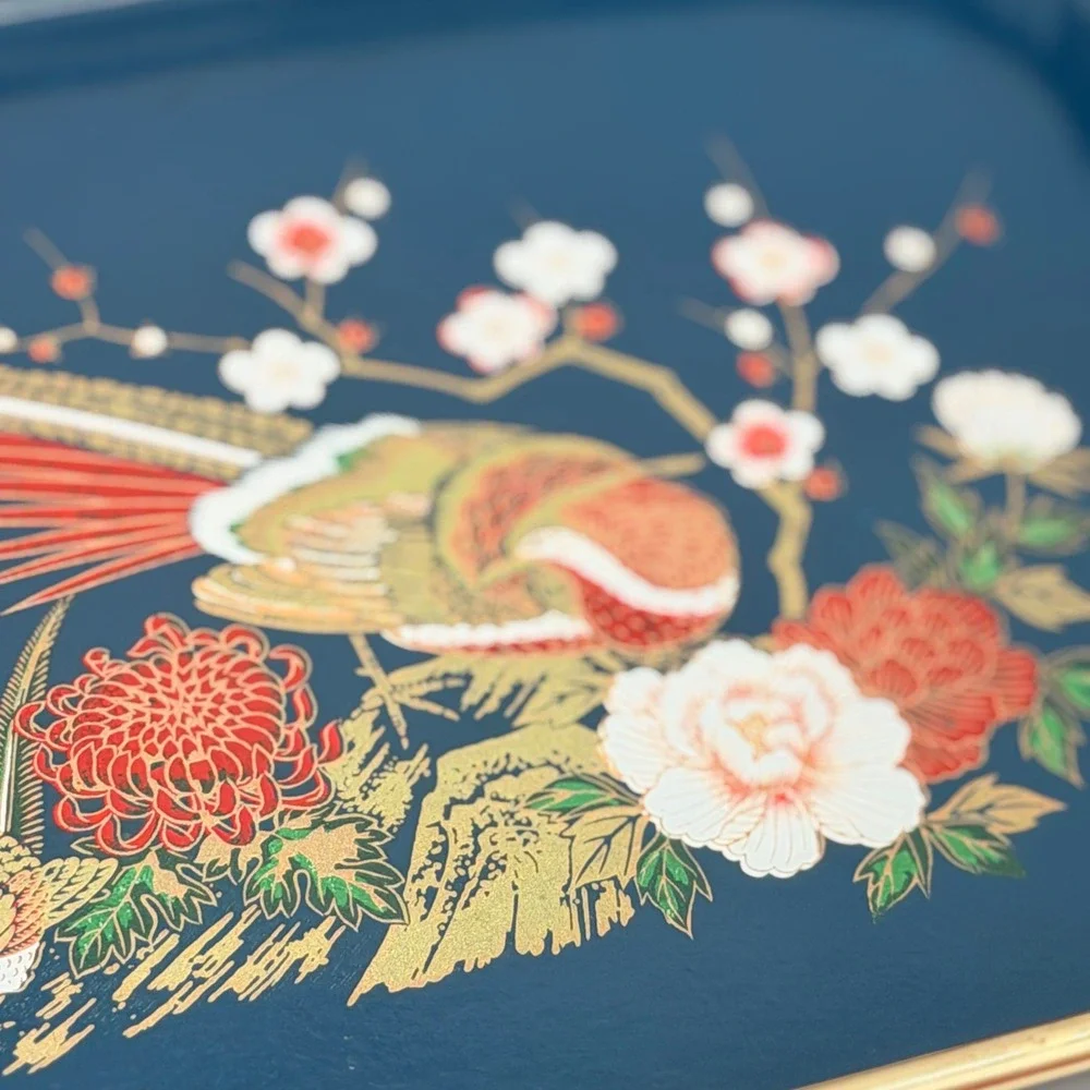 Vintage Navy Blue Metal Serving Tray Pheasant Floral Gold Rim Bamboo Handles